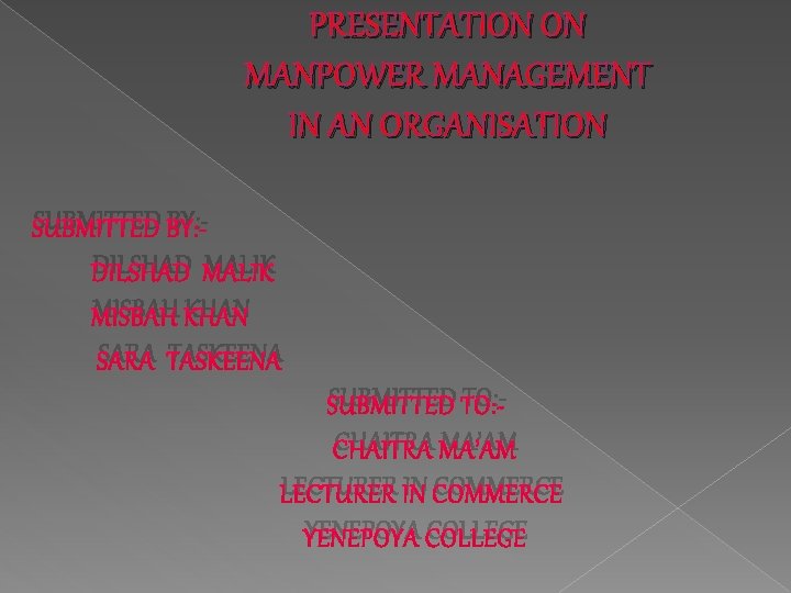 PRESENTATION ON MANPOWER MANAGEMENT IN AN ORGANISATION SUBMITTED BY: DILSHAD MALIK MISBAH KHAN SARA