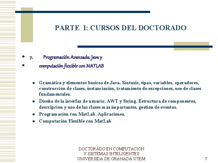 PARTE I: CURSOS DEL DOCTORADO w 7. Programación Avanzada: Java y w computación flexible