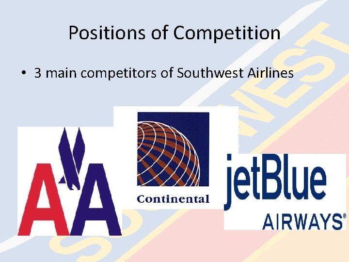Positions of Competition • 3 main competitors of Southwest Airlines 