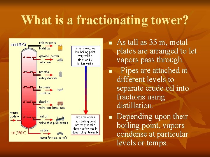 What is a fractionating tower? n n n As tall as 35 m, metal