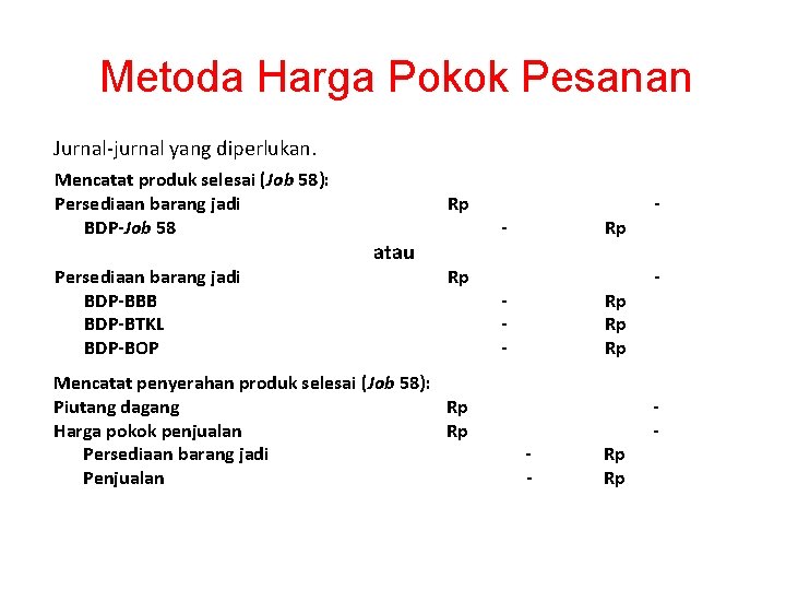 Metoda Harga Pokok Pesanan Jurnal-jurnal yang diperlukan. Mencatat produk selesai (Job 58): Persediaan barang