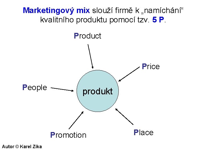 Marketingový mix slouží firmě k „namíchání“ kvalitního produktu pomocí tzv. 5 P. Product Price