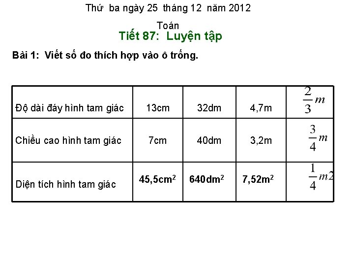 Thứ ba ngày 25 tháng 12 năm 2012 Toán Tiết 87: Luyện tập Bài