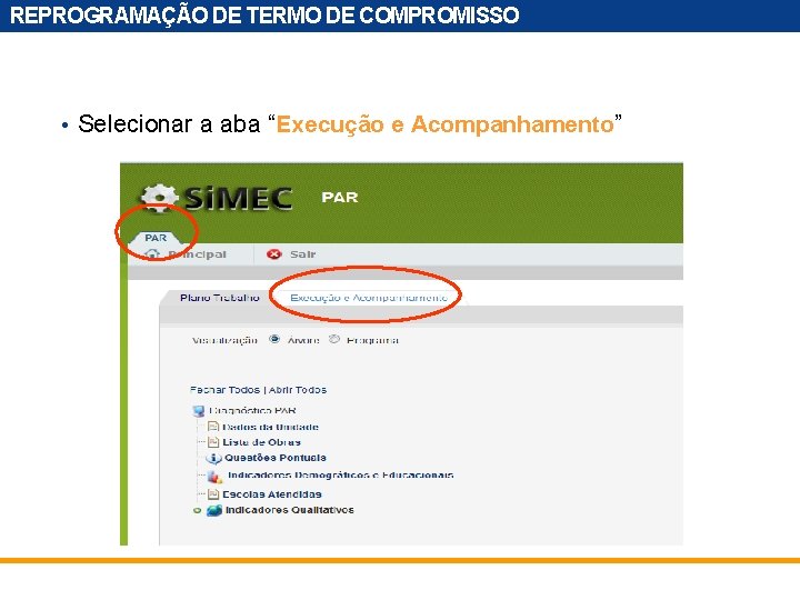REPROGRAMAÇÃO DE TERMO DE COMPROMISSO • Selecionar a aba “Execução e Acompanhamento” 