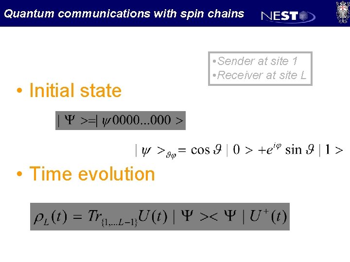 Quantum communications with spin chains • Initial state • Time evolution • Sender at