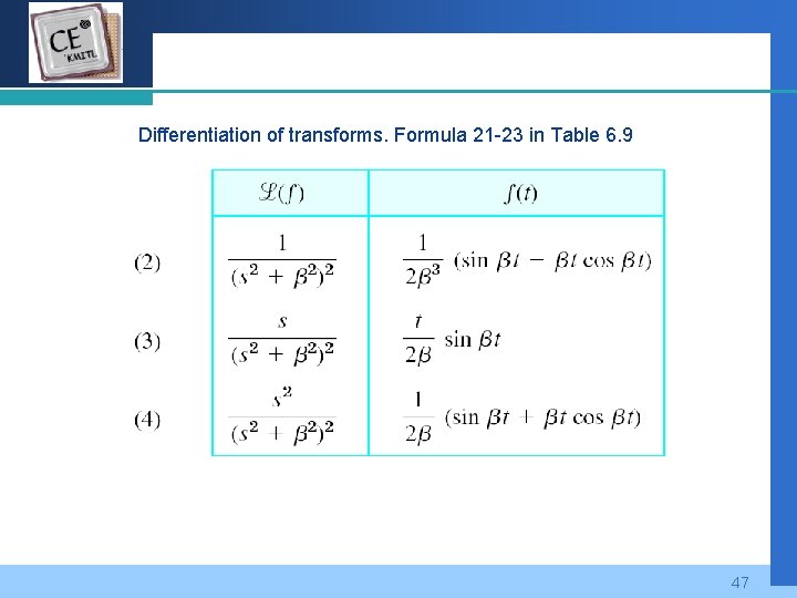 Company LOGO Differentiation of transforms. Formula 21 -23 in Table 6. 9 47 