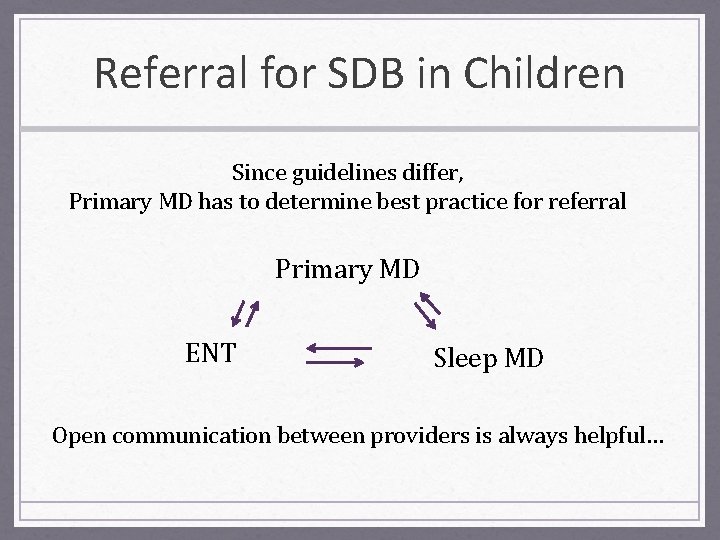 Referral for SDB in Children Since guidelines differ, Primary MD has to determine best