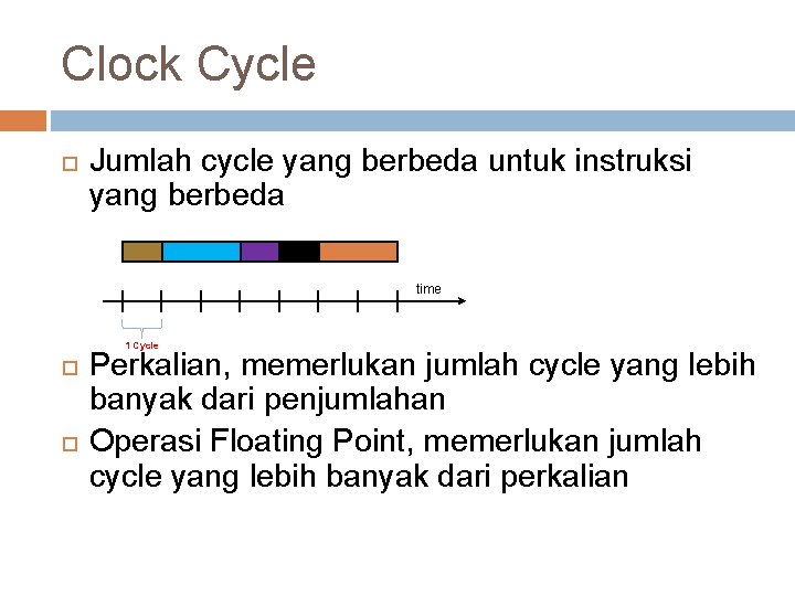 Clock Cycle Jumlah cycle yang berbeda untuk instruksi yang berbeda time 1 Cycle Perkalian,