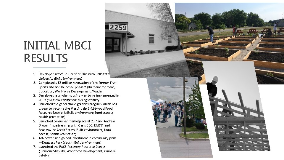 INITIAL MBCI RESULTS 1. Developed a 25 th St. Corridor Plan with Ball State