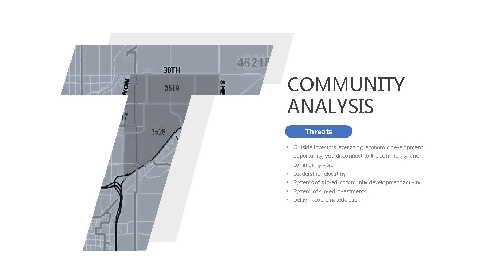 COMMUNITY ANALYSIS Threats • Outside investors leveraging economic development opportunity, yet disconnect to the
