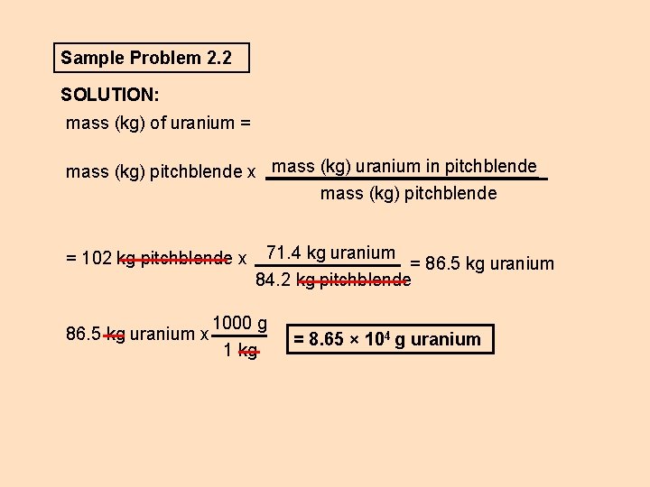 Sample Problem 2. 2 SOLUTION: mass (kg) of uranium = mass (kg) pitchblende x Sample Problem 2. 2 SOLUTION: mass (kg) of uranium = mass (kg) pitchblende x