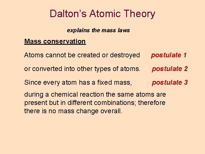 Dalton’s Atomic Theory explains the mass laws Mass conservation Atoms cannot be created or Dalton’s Atomic Theory explains the mass laws Mass conservation Atoms cannot be created or