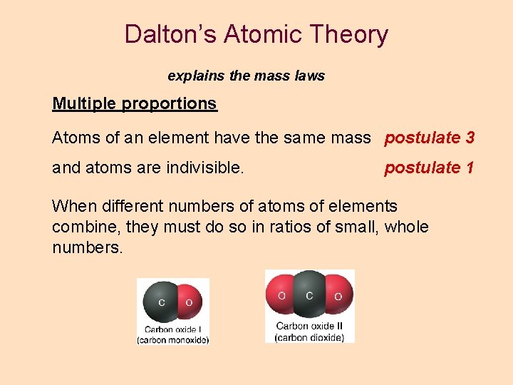 Dalton’s Atomic Theory explains the mass laws Multiple proportions Atoms of an element have Dalton’s Atomic Theory explains the mass laws Multiple proportions Atoms of an element have