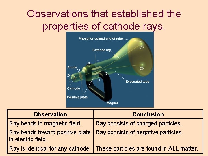 Observations that established the properties of cathode rays. Observation Ray bends in magnetic field. Observations that established the properties of cathode rays. Observation Ray bends in magnetic field.