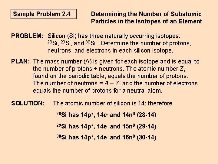 Sample Problem 2. 4 Determining the Number of Subatomic Particles in the Isotopes of Sample Problem 2. 4 Determining the Number of Subatomic Particles in the Isotopes of