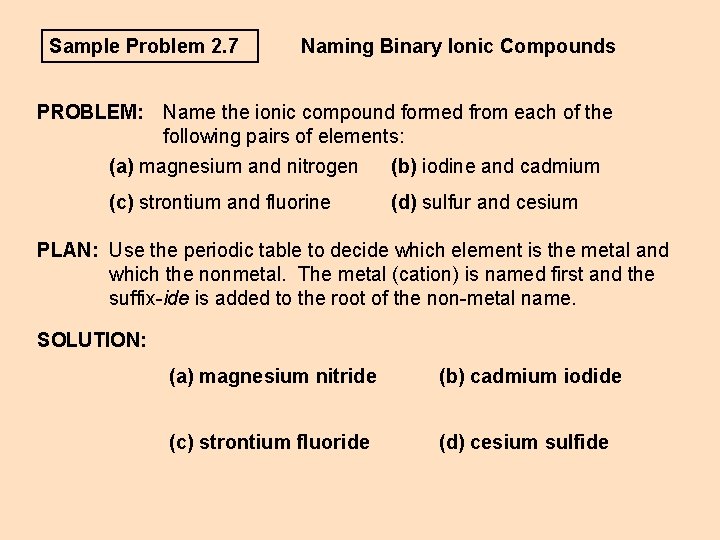 Sample Problem 2. 7 Naming Binary Ionic Compounds PROBLEM: Name the ionic compound formed Sample Problem 2. 7 Naming Binary Ionic Compounds PROBLEM: Name the ionic compound formed