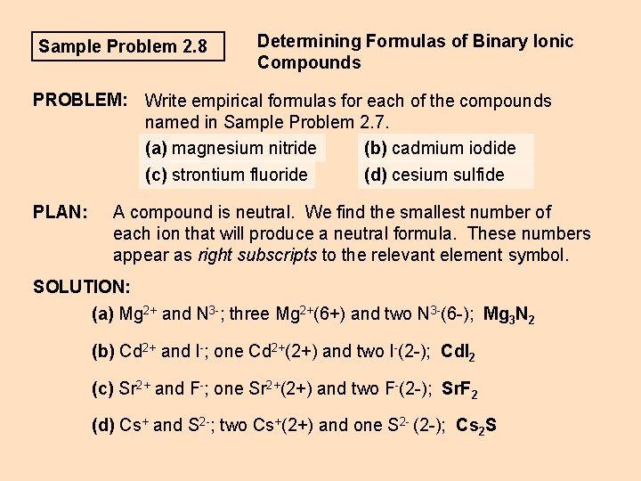 Sample Problem 2. 8 Determining Formulas of Binary Ionic Compounds PROBLEM: Write empirical formulas Sample Problem 2. 8 Determining Formulas of Binary Ionic Compounds PROBLEM: Write empirical formulas