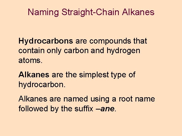 Naming Straight-Chain Alkanes Hydrocarbons are compounds that contain only carbon and hydrogen atoms. Alkanes Naming Straight-Chain Alkanes Hydrocarbons are compounds that contain only carbon and hydrogen atoms. Alkanes