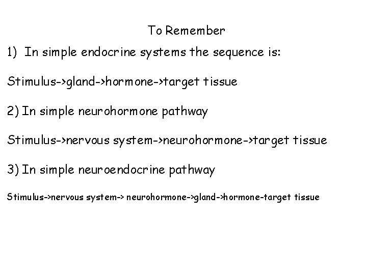 To Remember 1) In simple endocrine systems the sequence is: Stimulus->gland->hormone->target tissue 2) In