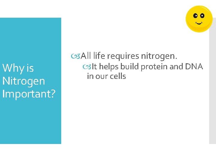 Why is Nitrogen Important? All life requires nitrogen. It helps build protein and DNA