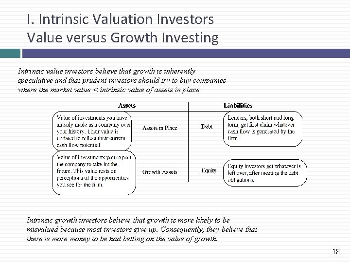 I. Intrinsic Valuation Investors Value versus Growth Investing Intrinsic value investors believe that growth