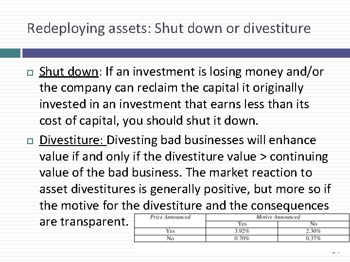 Redeploying assets: Shut down or divestiture Shut down: If an investment is losing money