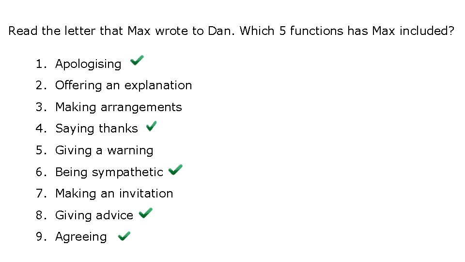 Read the letter that Max wrote to Dan. Which 5 functions has Max included?
