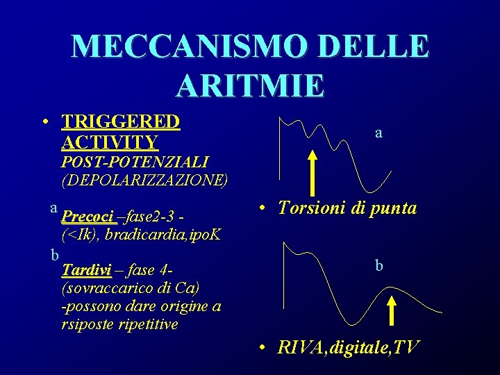 MECCANISMO DELLE ARITMIE • TRIGGERED ACTIVITY a POST-POTENZIALI (DEPOLARIZZAZIONE) a b Precoci –fase 2