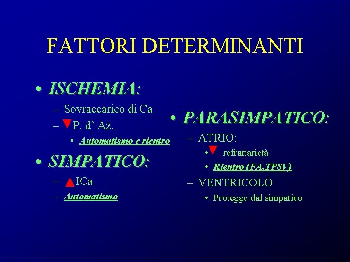 FATTORI DETERMINANTI • ISCHEMIA: – Sovraccarico di Ca – P. d’ Az. • Automatismo