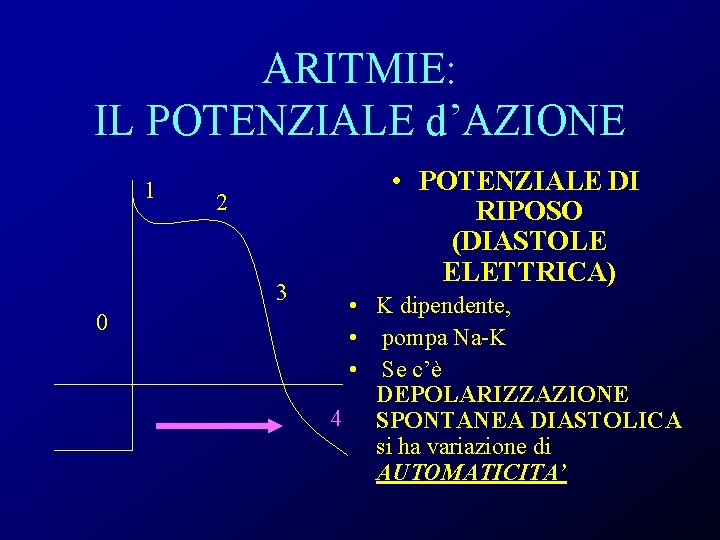 ARITMIE: IL POTENZIALE d’AZIONE 1 2 3 0 • POTENZIALE DI RIPOSO (DIASTOLE ELETTRICA)