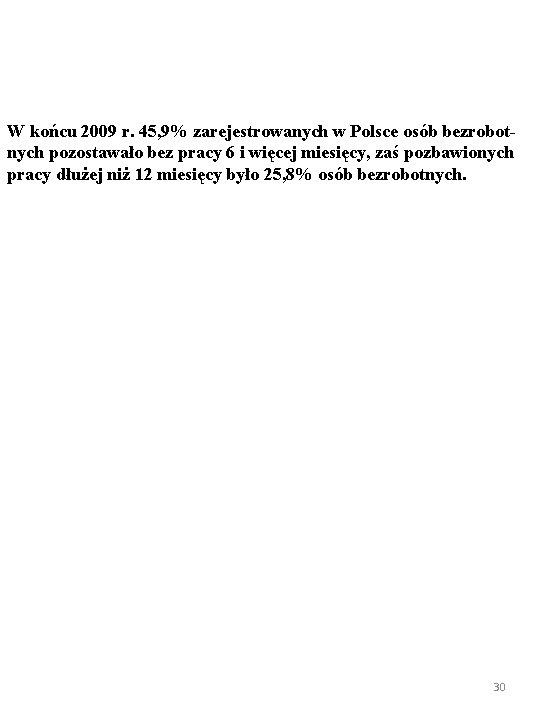 W końcu 2009 r. 45, 9% zarejestrowanych w Polsce osób bezrobotnych pozostawało bez pracy
