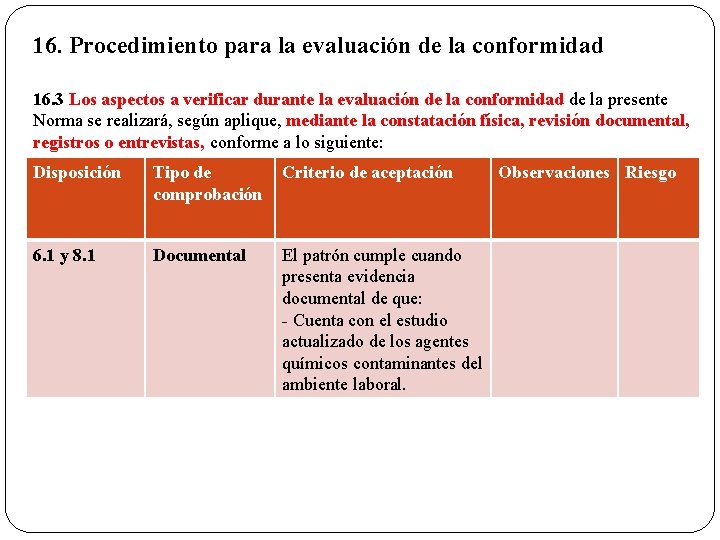 16. Procedimiento para la evaluación de la conformidad 16. 3 Los aspectos a verificar