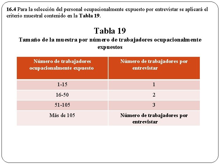 16. 4 Para la selección del personal ocupacionalmente expuesto por entrevistar se aplicará el