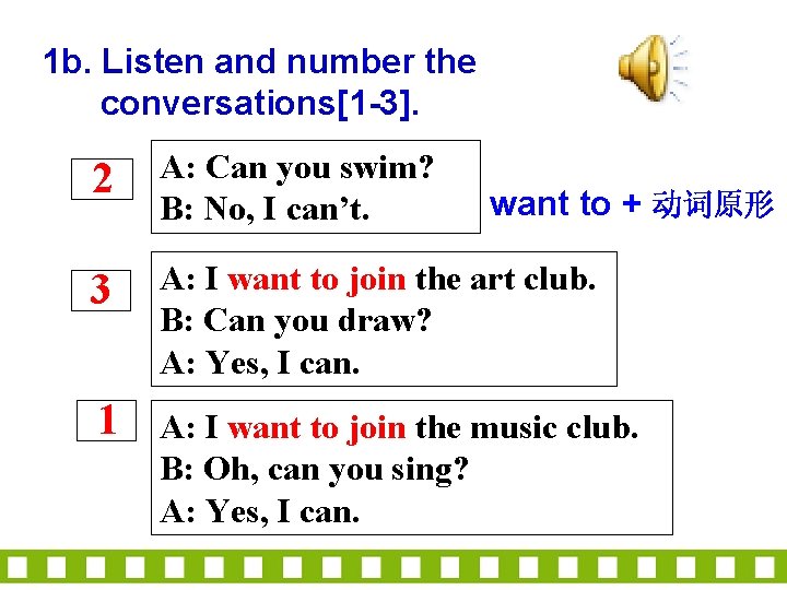 1 b. Listen and number the conversations[1 -3]. 2 A: Can you swim? B: