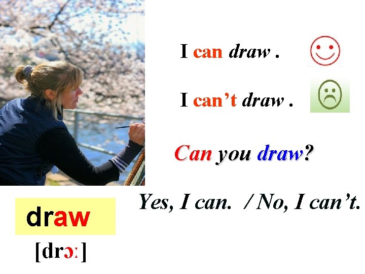 I can draw. I can’t draw. Can you draw? draw [drɔː] Yes, I can.