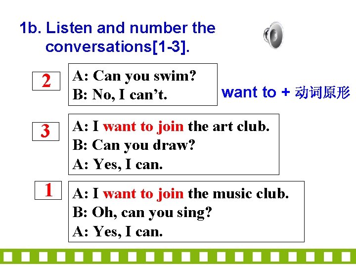 1 b. Listen and number the conversations[1 -3]. 2 A: Can you swim? B: