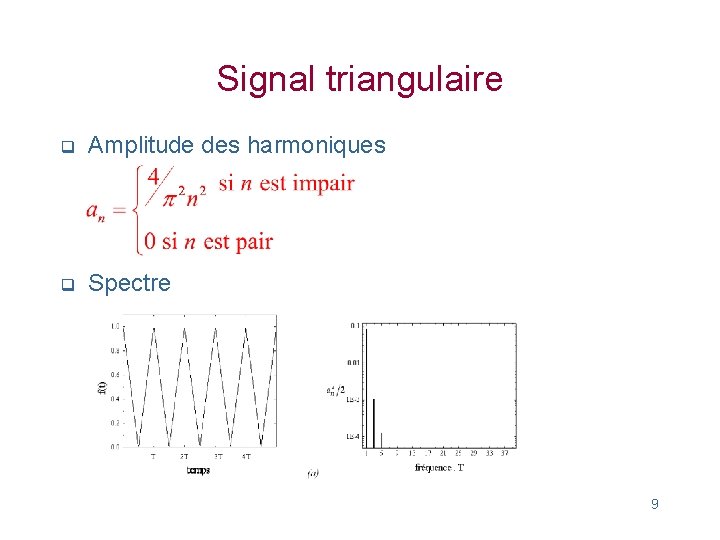 Signal triangulaire q Amplitude des harmoniques q Spectre 9 