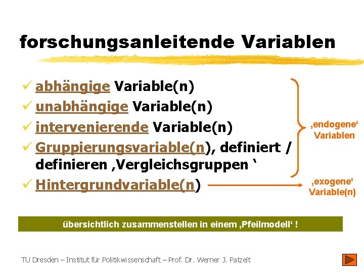 forschungsanleitende Variablen ü abhängige Variable(n) ü unabhängige Variable(n) ü intervenierende Variable(n) ü Gruppierungsvariable(n), definiert