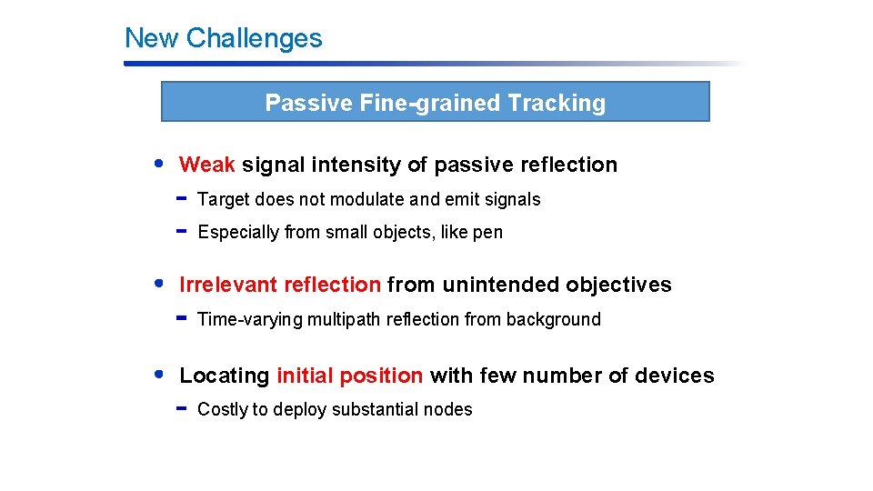 New Challenges Passive Fine-grained Tracking Weak signal intensity of passive reflection Target does not