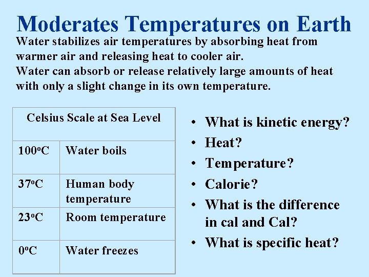 Moderates Temperatures on Earth Water stabilizes air temperatures by absorbing heat from warmer air