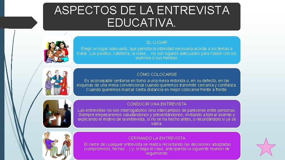 ASPECTOS DE LA ENTREVISTA EDUCATIVA. EL LUGAR Elegir un lugar adecuado, que permita la ASPECTOS DE LA ENTREVISTA EDUCATIVA. EL LUGAR Elegir un lugar adecuado, que permita la