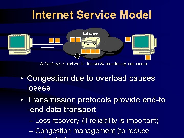 Internet Service Model Internet Router A best-effort network: losses & reordering can occur •