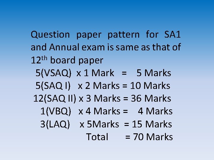 Question paper pattern for SA 1 and Annual exam is same as that of Question paper pattern for SA 1 and Annual exam is same as that of