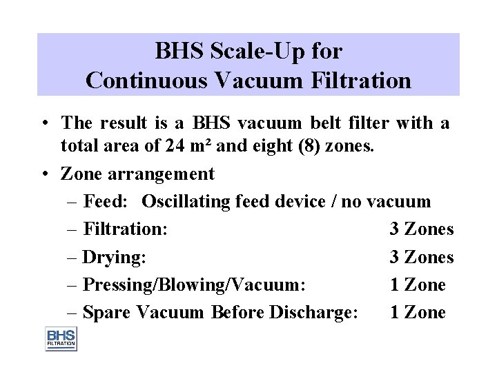 BHS Scale-Up for Continuous Vacuum Filtration • The result is a BHS vacuum belt