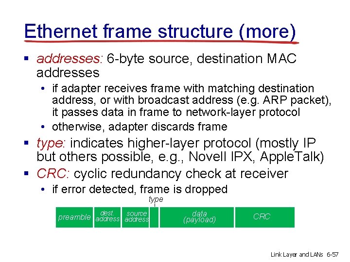 Ethernet frame structure (more) § addresses: 6 -byte source, destination MAC addresses • if