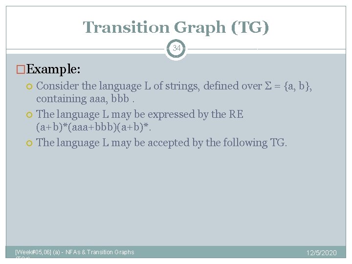 Transition Graph (TG) 34 �Example: Consider the language L of strings, defined over Σ