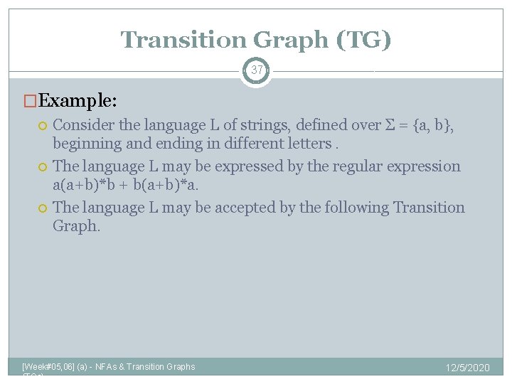 Transition Graph (TG) 37 �Example: Consider the language L of strings, defined over Σ