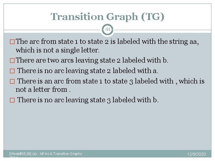 Transition Graph (TG) 44 � The arc from state 1 to state 2 is