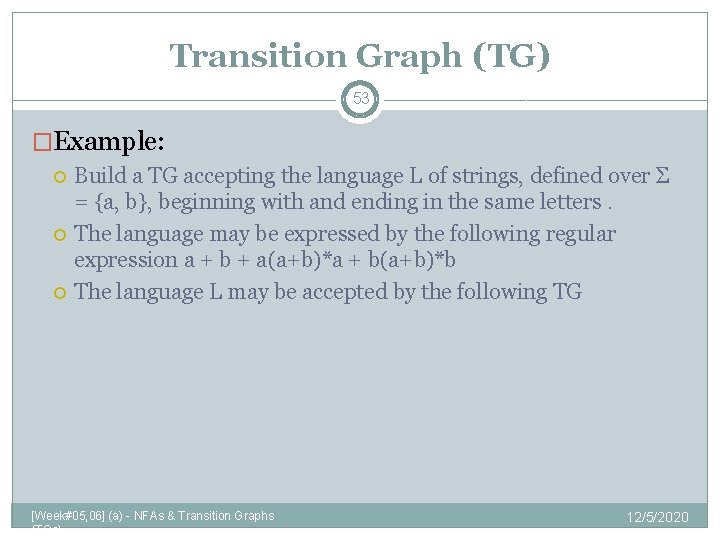 Transition Graph (TG) 53 �Example: Build a TG accepting the language L of strings,