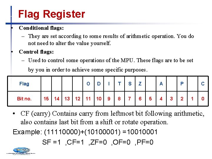 Flag Register • Conditional flags: – They are set according to some results of